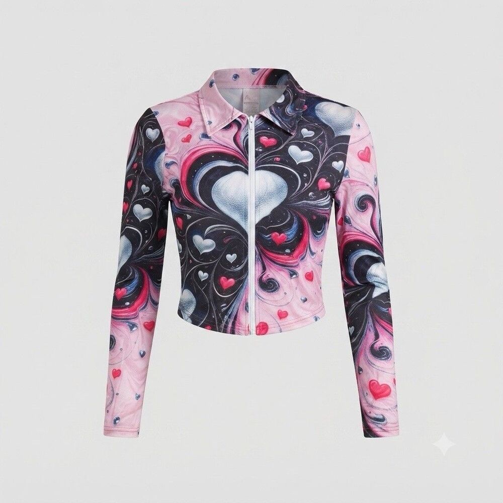 Women's Long Sleeve Zip-Up Jacket Pink and Black Heart Pattern Size Large